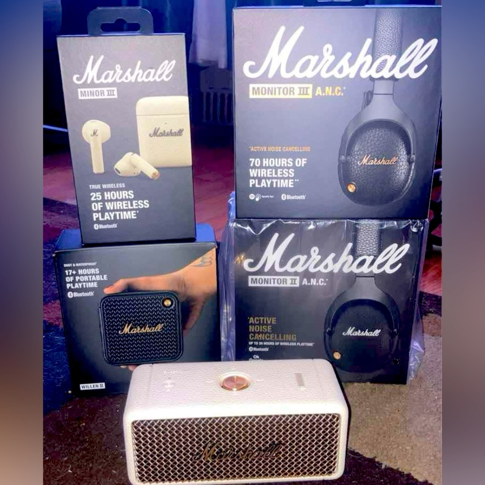 Headphones earbuds and portable speaker
